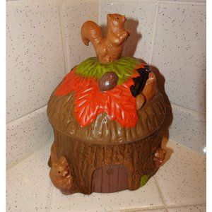 Vintage Ceramic Squirrel Treehouse Candy Jar 1960s mcm acorns fall leaves retro